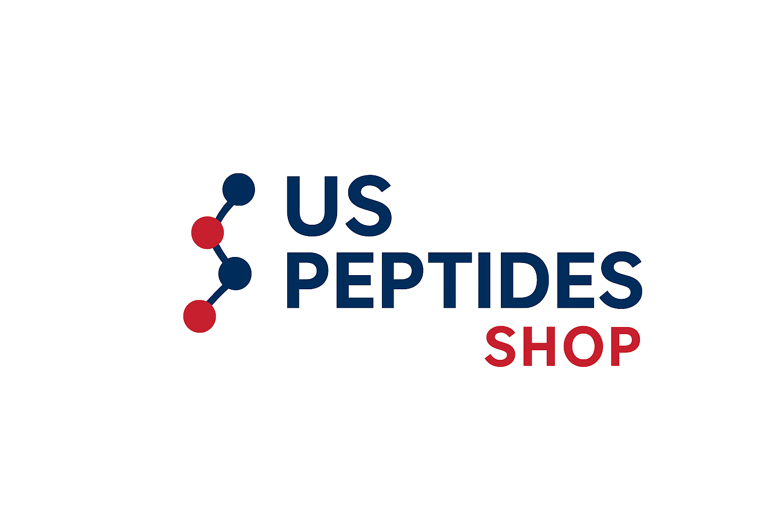 US Peptides logo with red and blue molecular design and bold text.