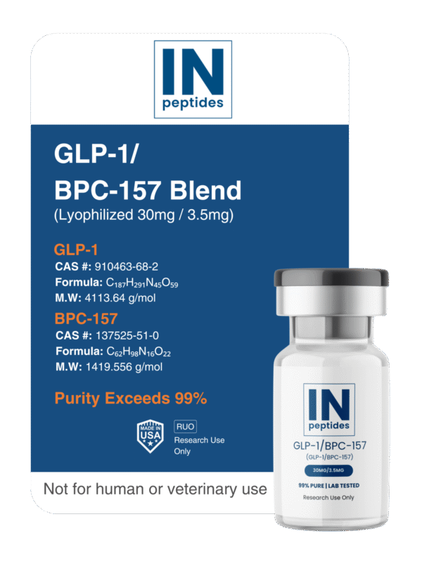 GLP-1 and BPC-157 blend lyophilized peptide vial 30mg for metabolism and tissue repair research