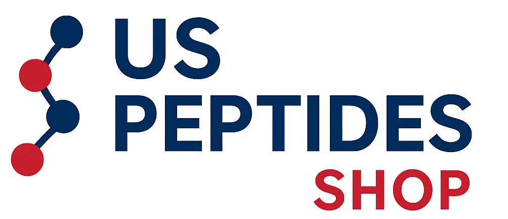US Peptides logo with red and blue molecular design and bold text.